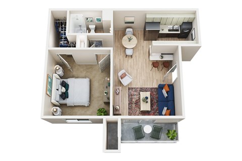 a stylized floor plan with a bedroom and living room